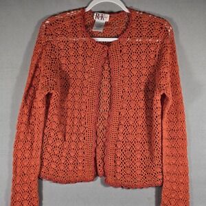 R&K Originals Boho Crochet Cardigan Sweater Size‎ 10 Burnt Orange Sequin Trim...